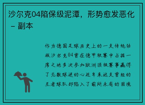 沙尔克04陷保级泥潭，形势愈发恶化 - 副本